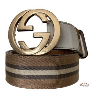 Authentic Gucci Web Canvas Leather Gold Interlocking G Buckle Belt 80/32 114876